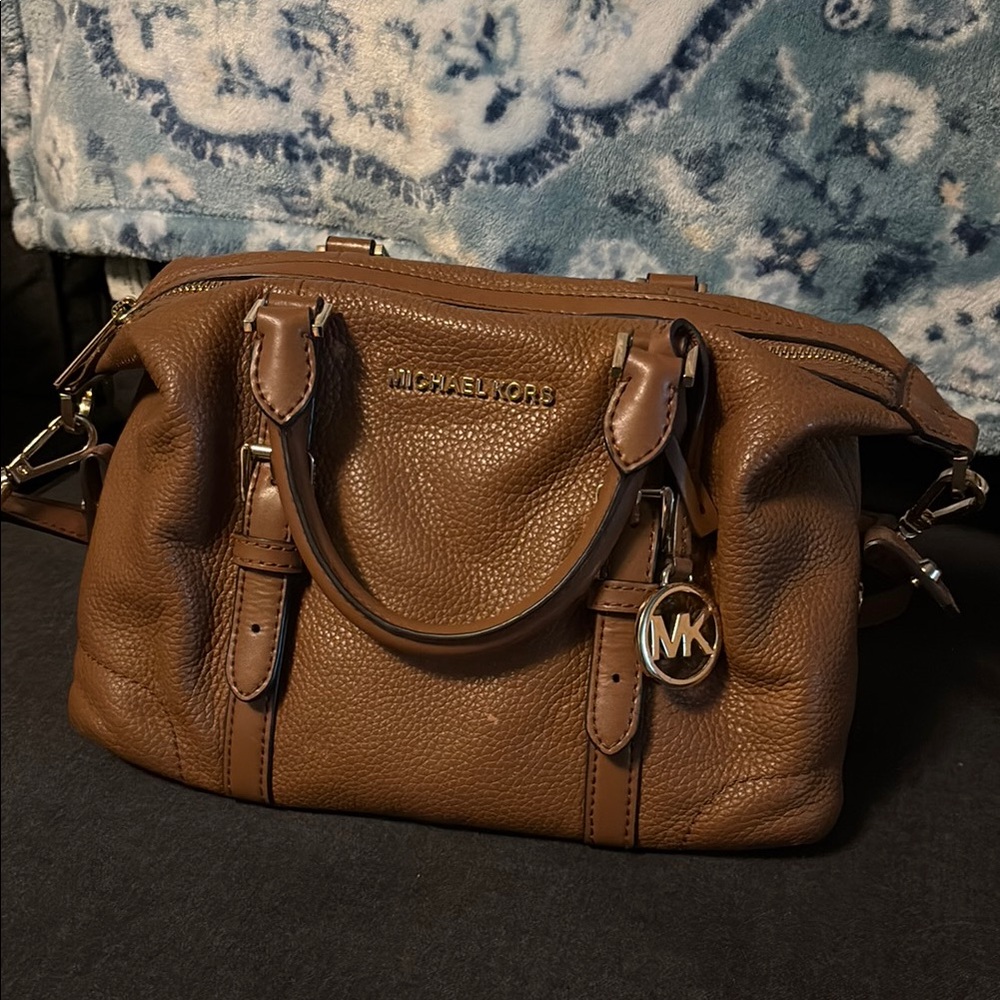 Michael Kors Brown Satchel with Pebbled Leather and MK Charm
